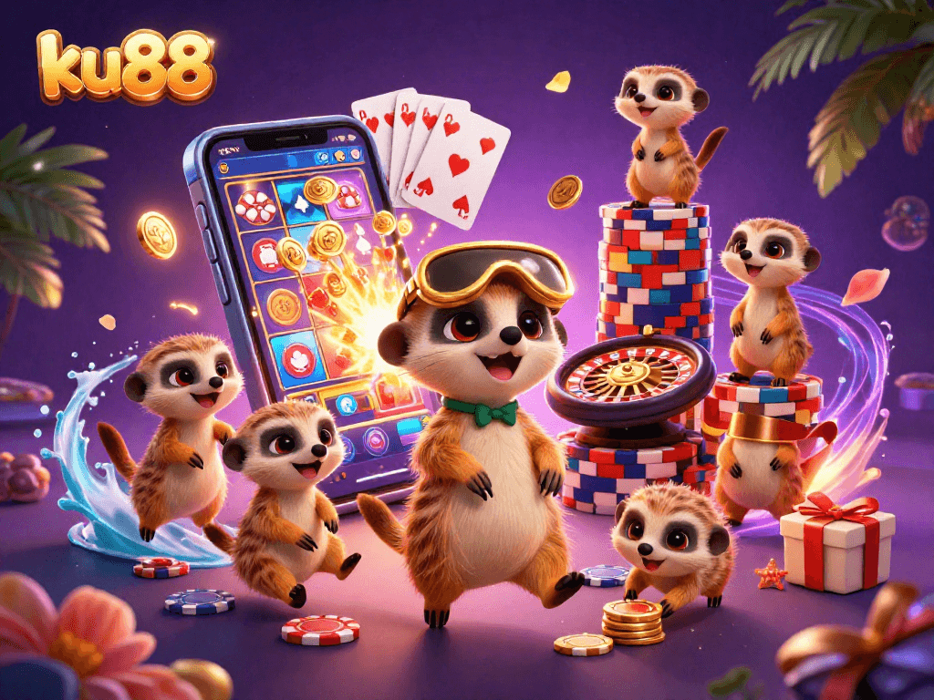 Play vibrant casino games with ku88 featuring cartoon meerkats in a dynamic casino scene.
