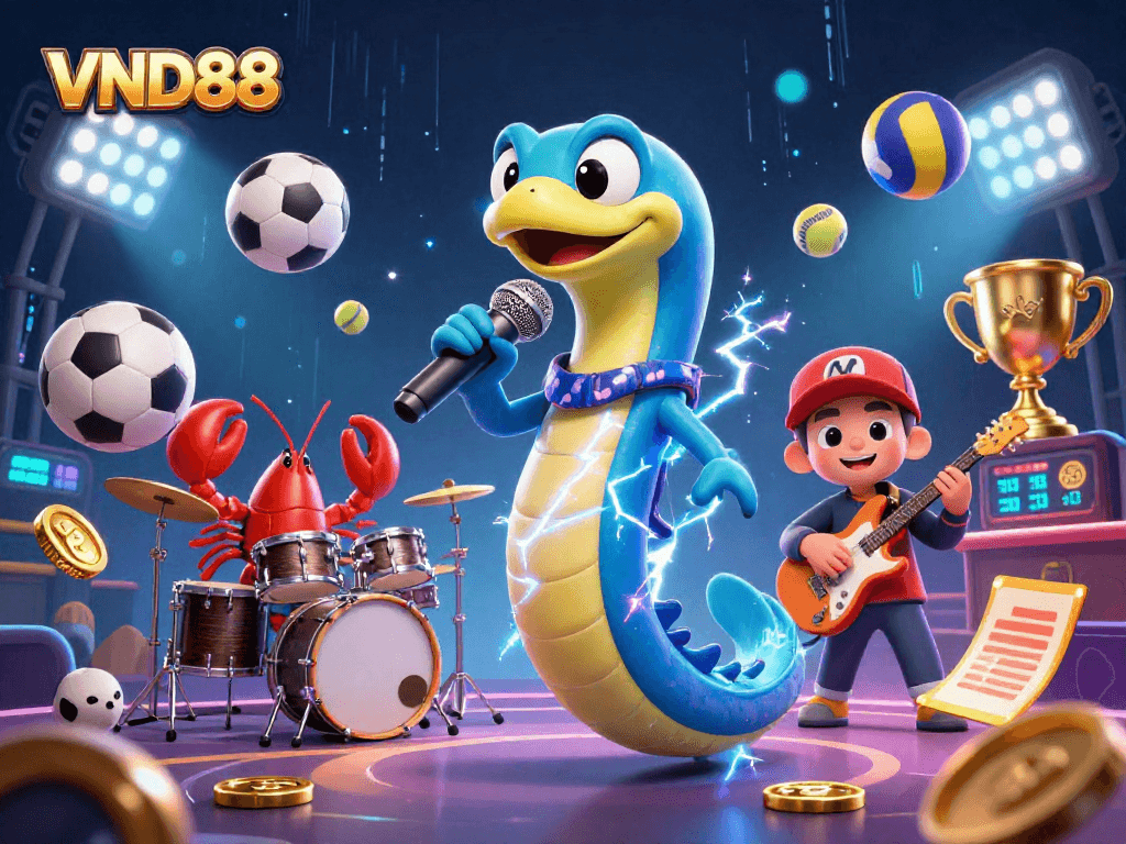 VND88 showcases an electric eel DJ in an underwater casino, highlighting dynamic sports elements.