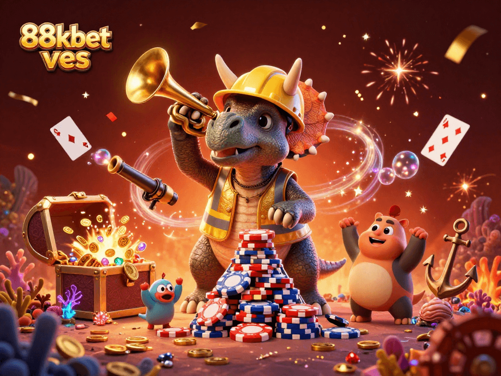 Engage in thrilling action at 88kbet ves while witnessing a 3D illustration of a triceratops building a poker chip pyramid amidst a festive casino background.