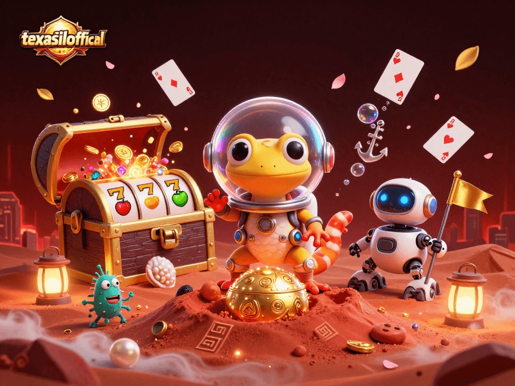 texashillofficial captures a Martian gecko exploring a golden casino amidst vivid gambling elements.