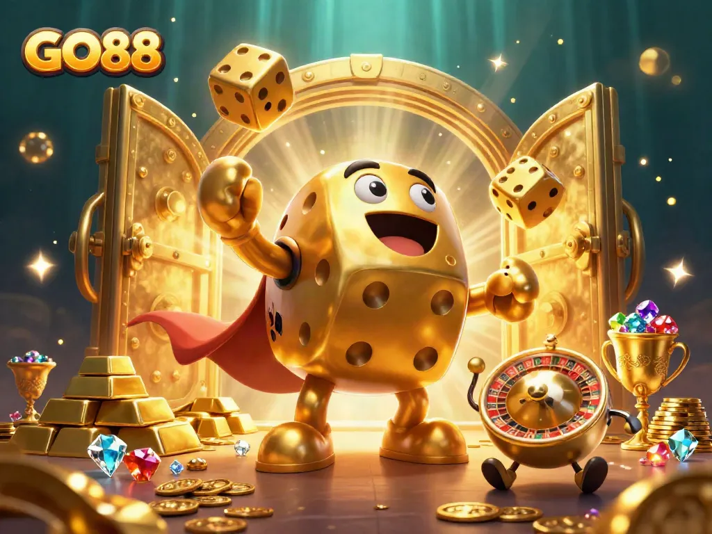Engage with GO88's vibrant casino scene showcasing golden dice, treasures, and a thrilling gaming atmosphere.
