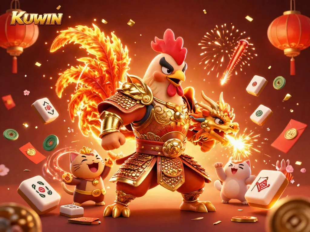 Kuwin brings thrilling online gaming with a fighting rooster and dragon in a vibrant casino-themed scene.