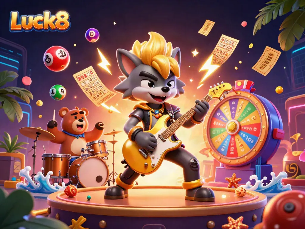 Luck8 brings excitement to players with colorful lottery elements and dynamic characters in a vibrant casino scene.