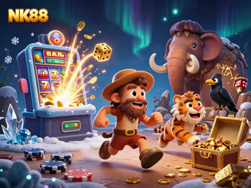 Spin the reels with NK88 in this vibrant prehistoric casino illustration showcasing a jackpot explosion.