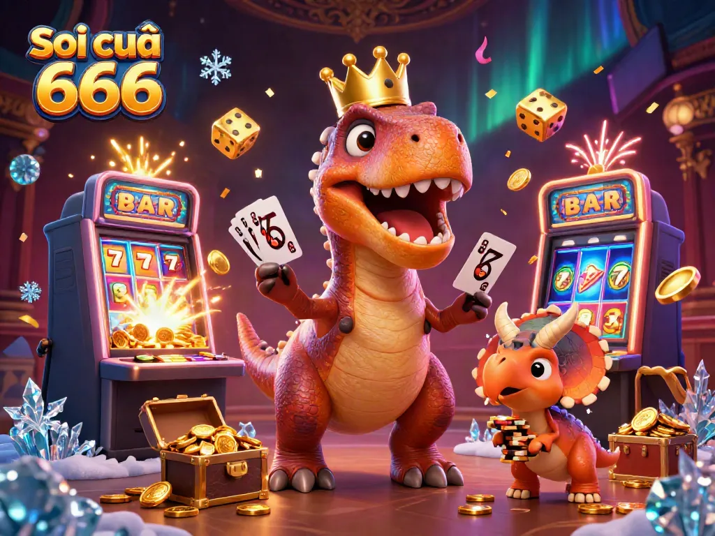 Soi cầu 666 features a T-Rex card dealer with luck and golden chips in a vibrant casino