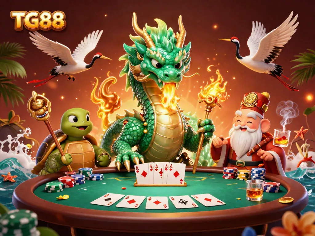 Players experience the excitement at TG88 with a jade dragon, poker elements, and vibrant casino ambiance.