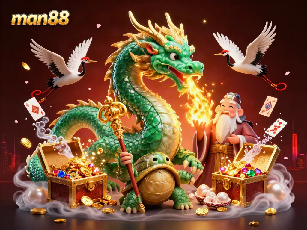 Experience thrilling rewards at man88 with a dynamic scene of a jade dragon, turtle sage, and lucky cranes.