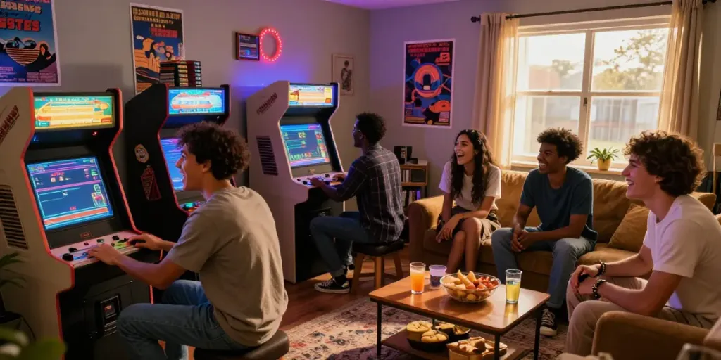 Friends enjoying classic arcade games together, experiencing pecah404 nostalgia in a cozy setting.
