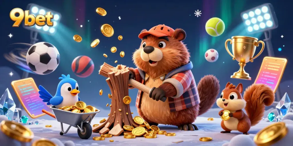 Experience thrilling gameplay with 9bet as cartoon characters rain coins and sports elements.