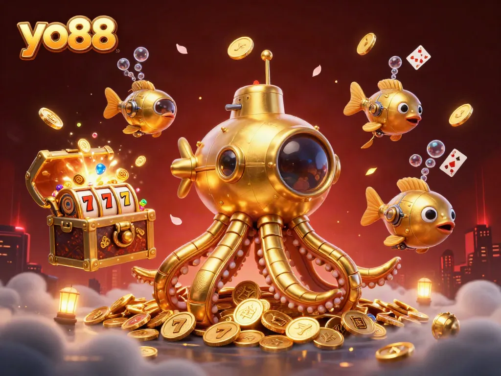 Engage with yo88 in an exciting underwater casino experience featuring a golden kraken and mechanical fish.