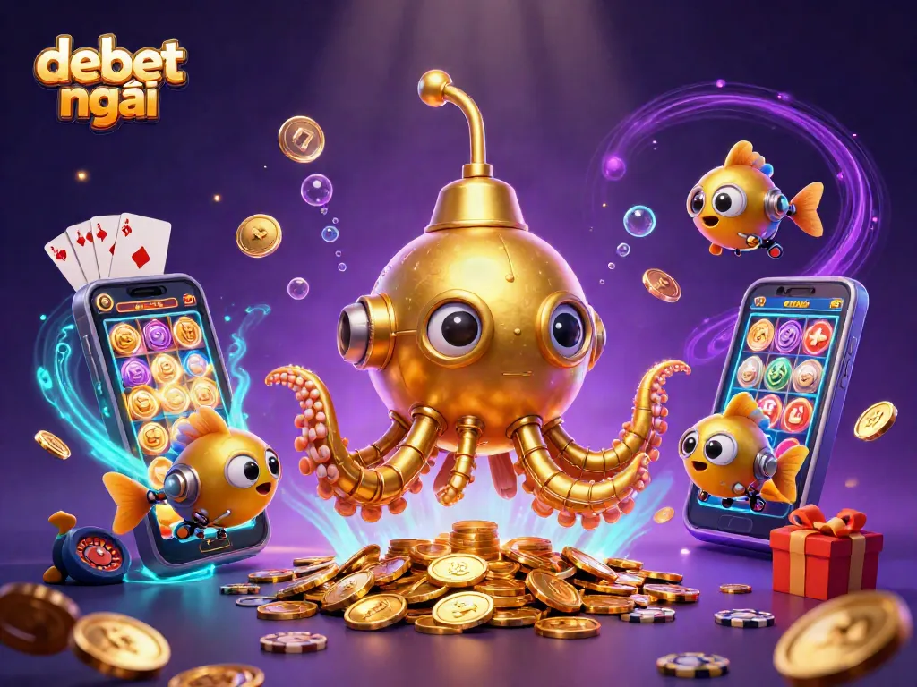 Experience thrilling gameplay with debet mới through a dynamic underwater scene featuring a golden kraken and fish.