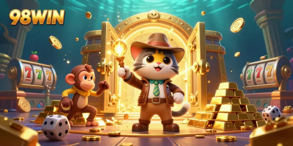 Experience the excitement of 98WIN with a golden casino treasure discovery scene.