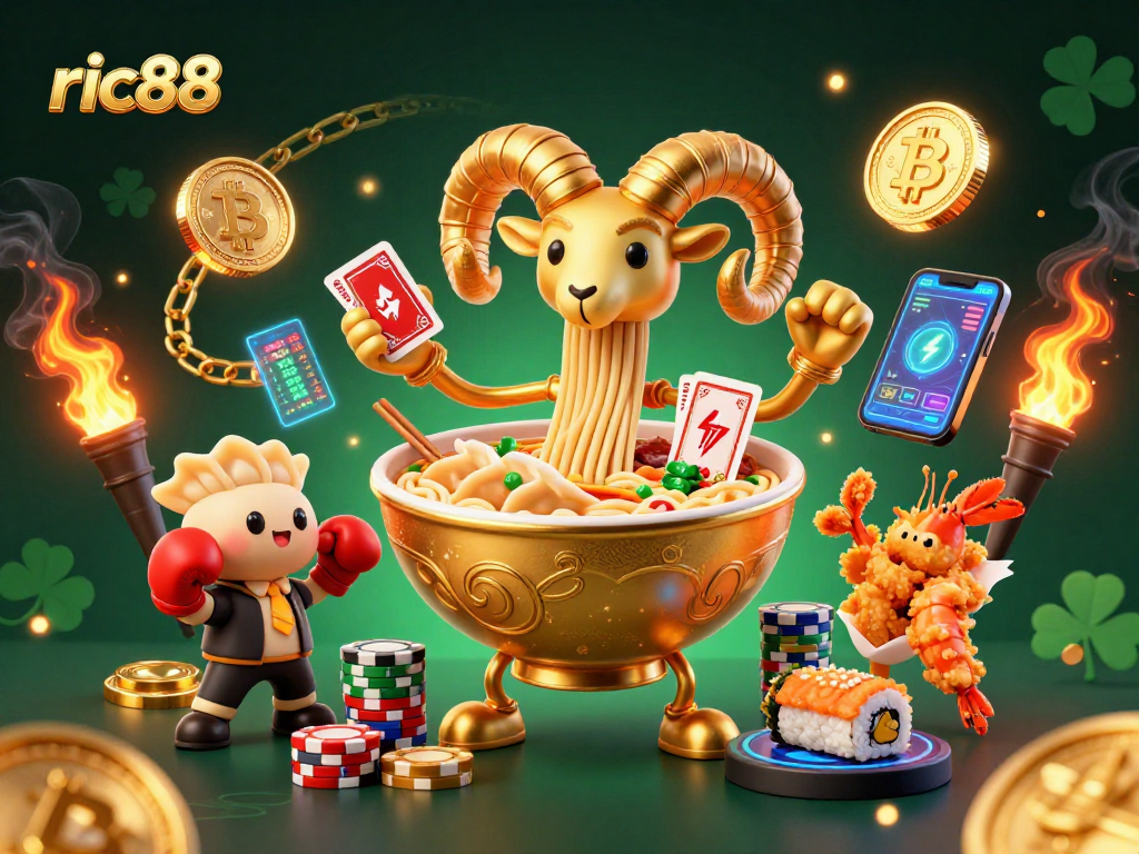 Engage with ric88's vibrant casino scene featuring a golden ramen bowl and crypto elements.