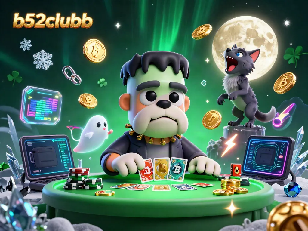 Engage with b52clubb's unique gaming experience led by a bulldog monster dealer amidst vibrant crypto-themed decor.