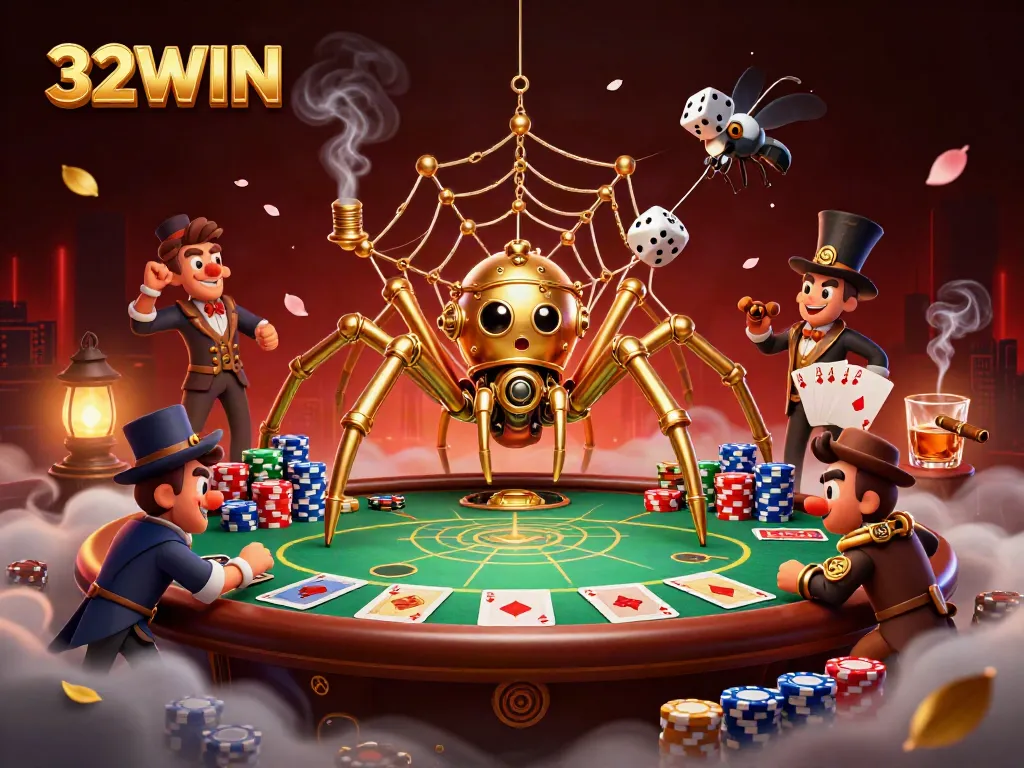 Experience the thrill of 32WIN as the golden spider captures luck in a dynamic casino scene.