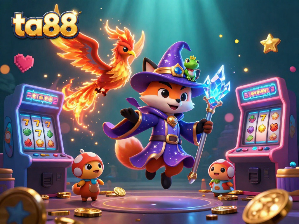 Experience gaming excitement with ta88, featuring a wizard fox and casino elements gleaming in vibrant colors.