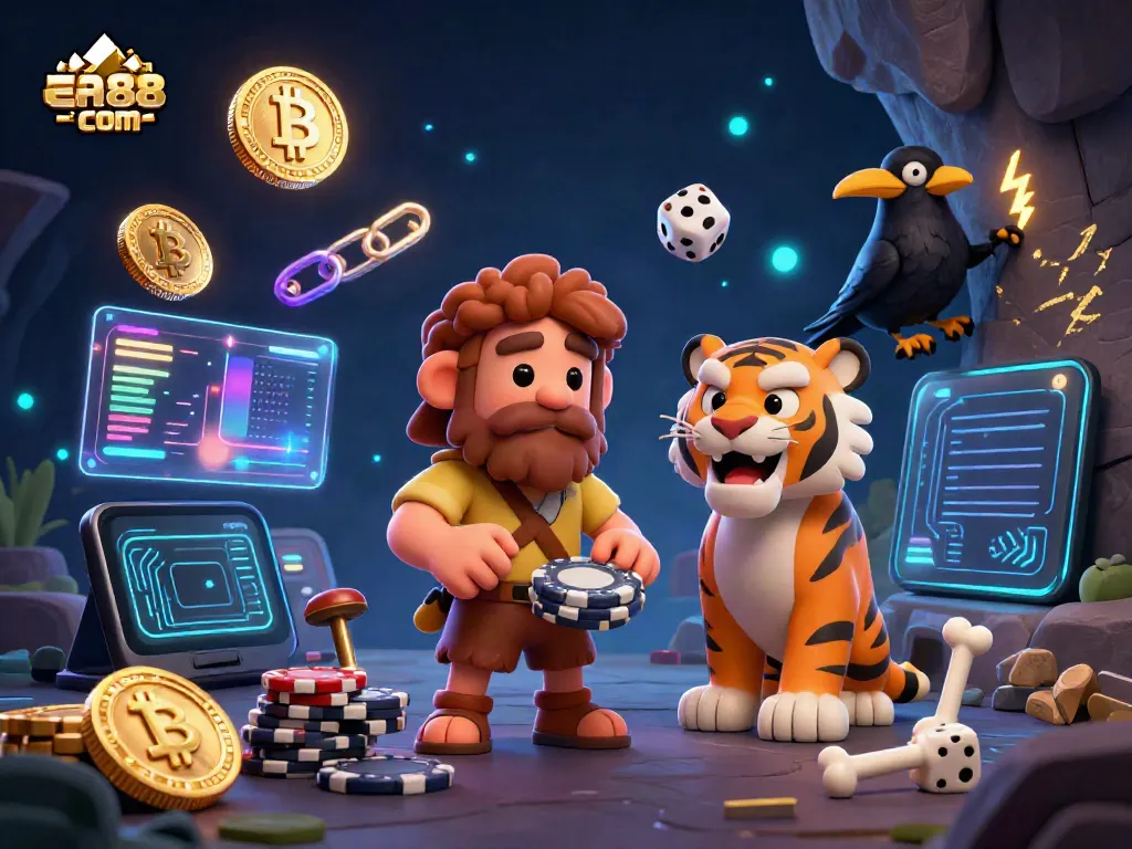 Engage with the vibrant 3D world of ea88 com's prehistoric casino featuring a caveman and sabertooth tiger.