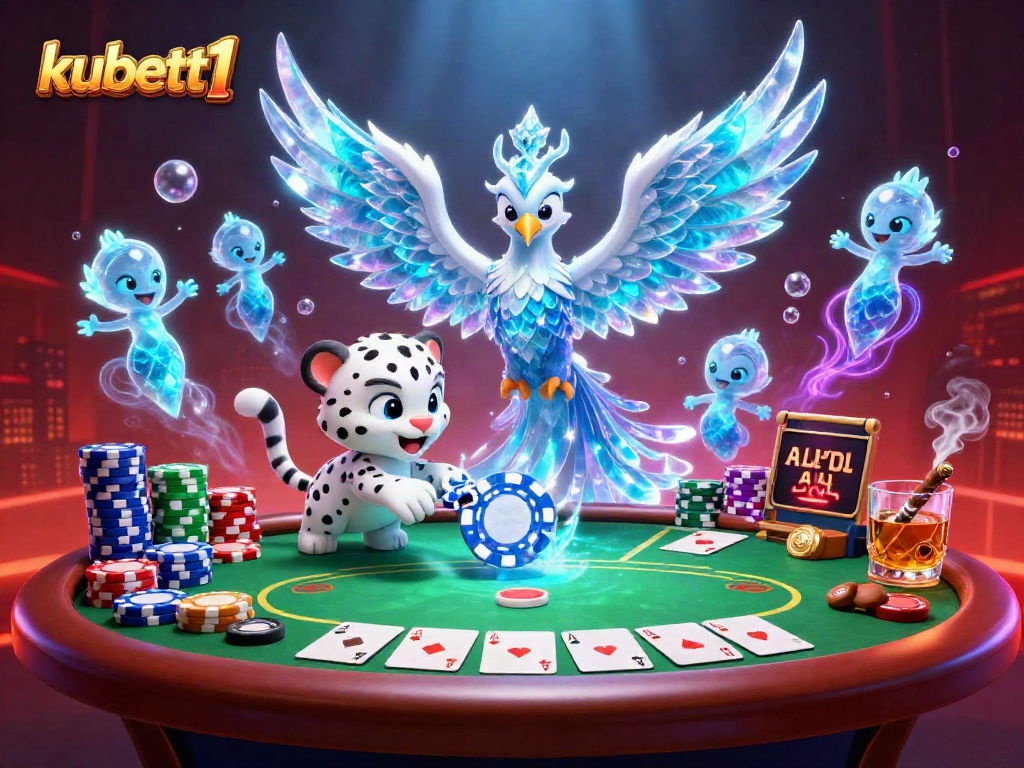 Engage in thrilling poker at kubett1 with a vivid 3D illustration of magical characters and casino elements.