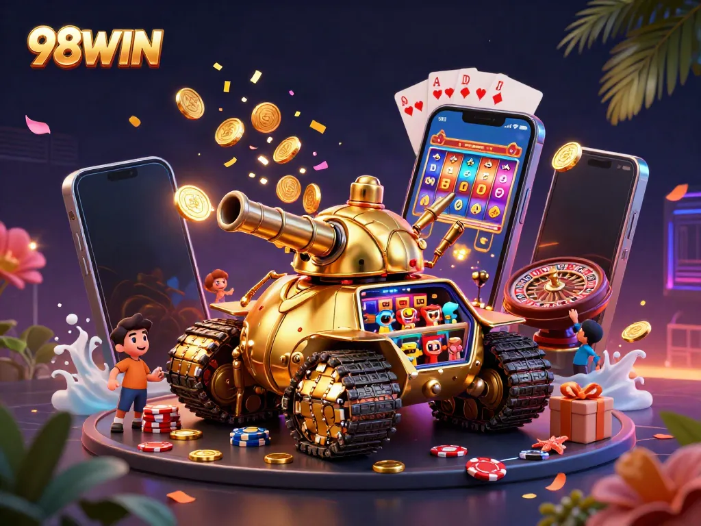 Engage in thrilling gameplay with 98WIN’s colorful mini casino inside a golden beetle tank.