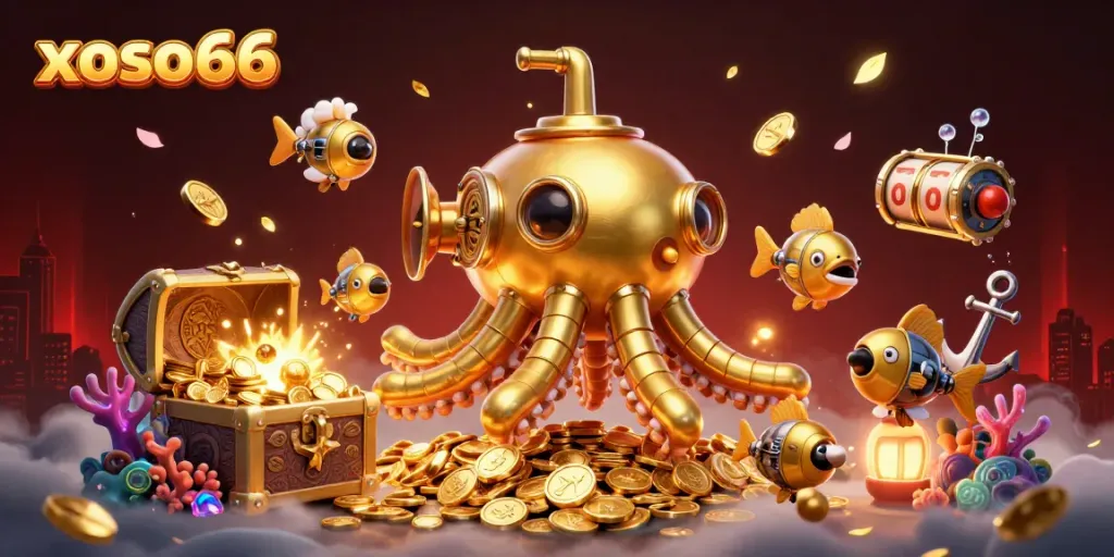 Win big at xoso66 with this vibrant 3D illustration of a golden kraken hunting treasure.