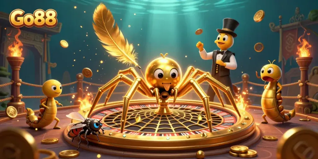 Betting at Go88 with a golden spider and a centipede croupier spinning a roulette web.