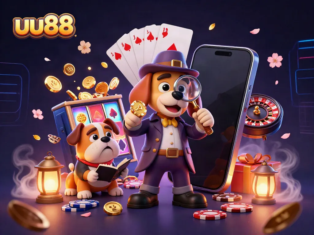 Experience the thrill of uu88 with a 3D detective scene featuring slot games and poker chips.
