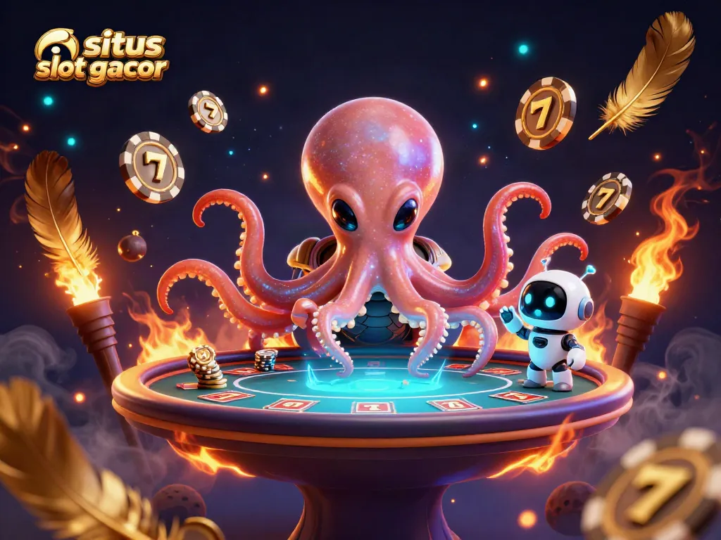 Experience situs slot gacor excitement with a colorful 3D scene of an alien octopus and robot at a holographic slot table.
