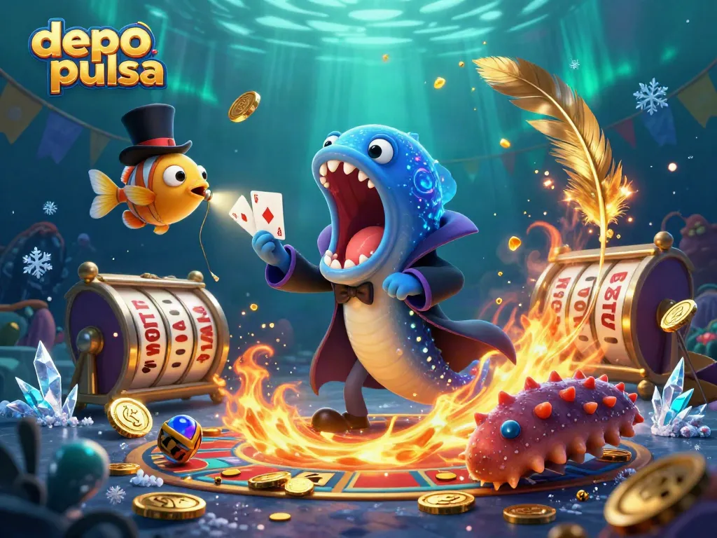 Experience thrilling depo pulsa magic with a bioluminescent eel in a casino setting, performing card tricks.