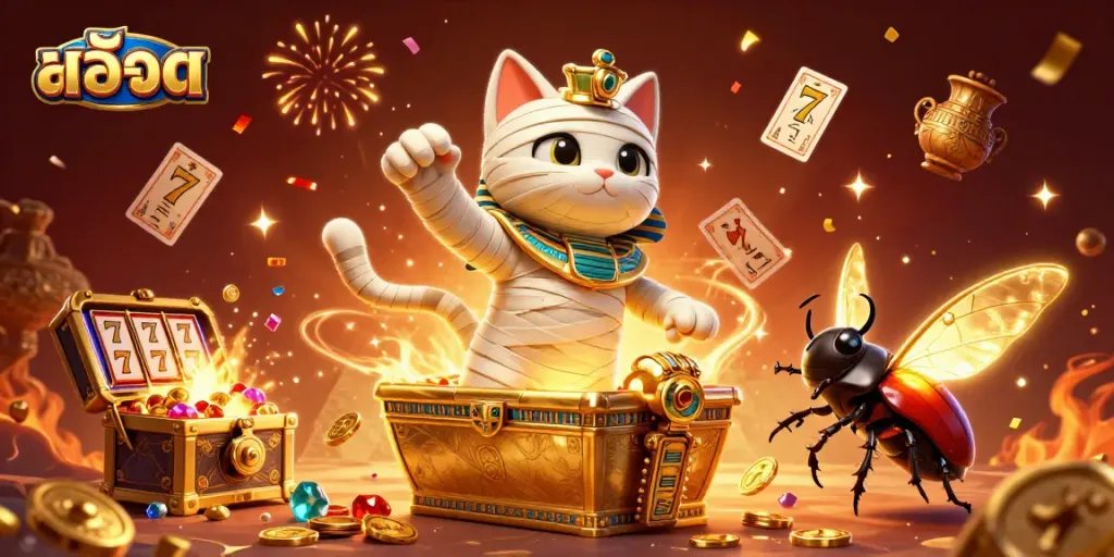 Play exciting สล็อต games in a vibrant casino scene filled with treasures and magical elements.