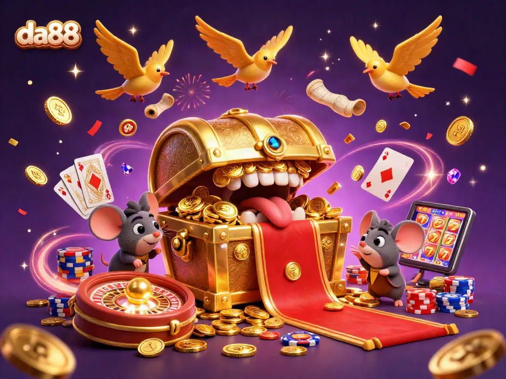 Spin and win at da88 with thrilling casino adventures featuring treasure chests and golden coins.