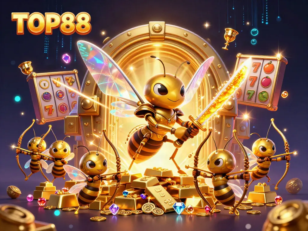 Engage in thrilling gameplay with TOP88's vibrant casino scene featuring slot machines and treasure.
