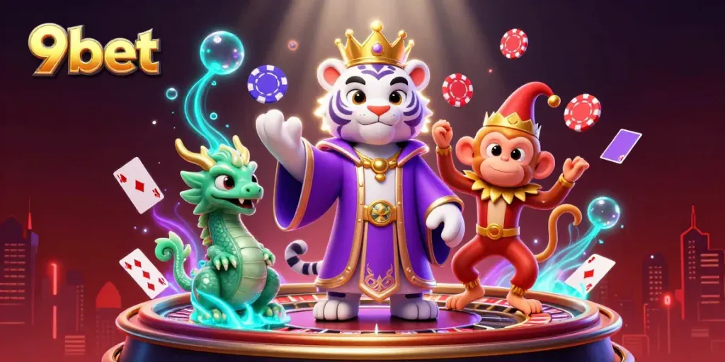 Experience vibrant excitement at 9bet with a dazzling 3D casino illustration featuring iconic gaming elements.