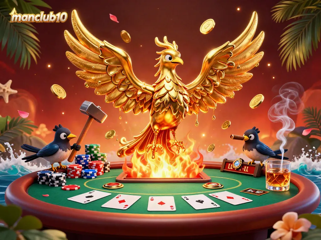 Experience the vibrant casino scene of manclub10 featuring a molten phoenix and dynamic poker elements.
