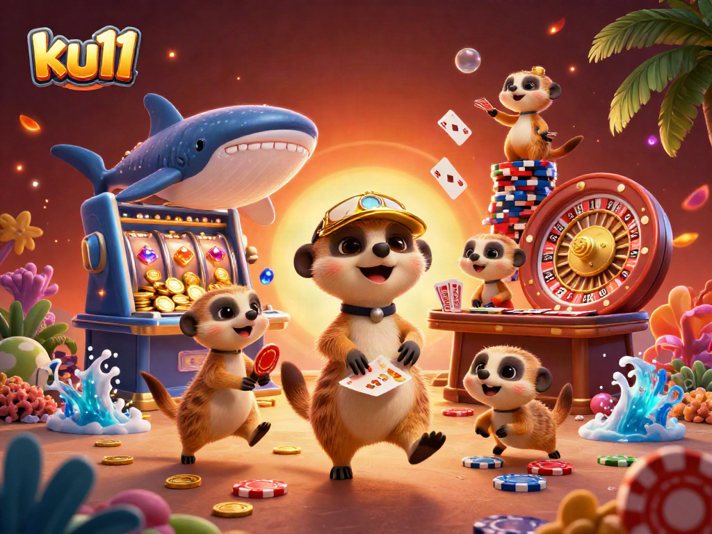 ku11 playful meerkats managing a vibrant casino with colorful slot machines and poker elements.