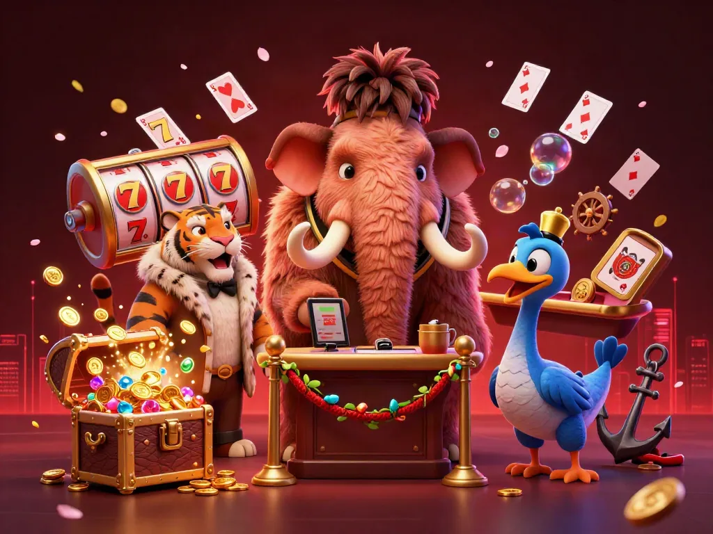Engaging illustration of b52club-pro, featuring a woolly mammoth casino bouncer and vibrant game elements.