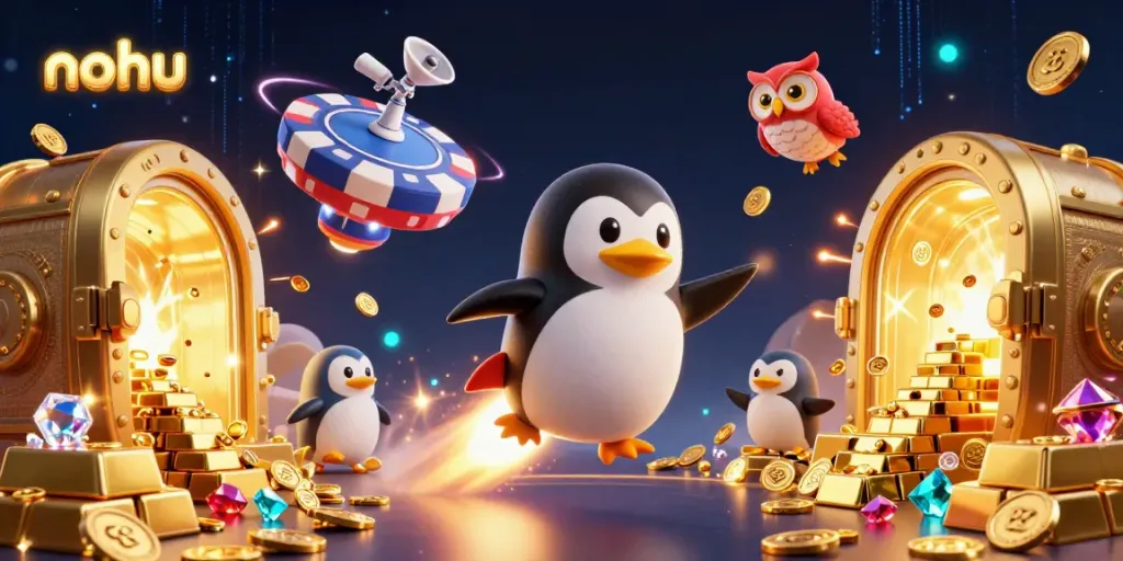 Nohu's thrilling jackpot adventure featuring a golden penguin launching into space with shimmering treasures.