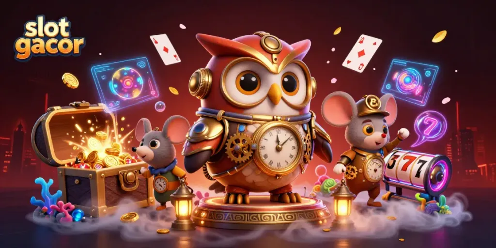 Experience the thrill of slot gacor with fantastical 3D characters amid colorful casino elements.