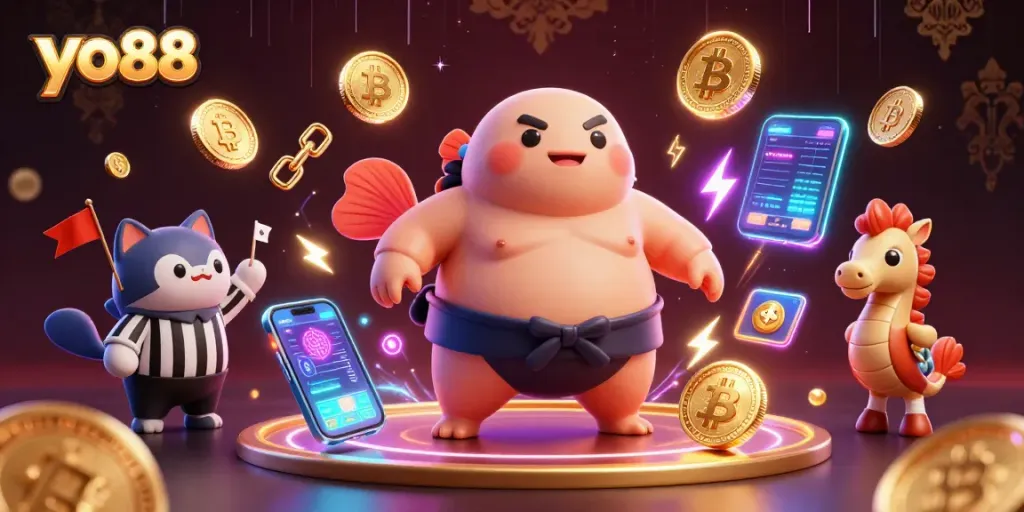 Join the yo88 online casino adventure with vibrant 3D characters and crypto elements in a dynamic underwater scene.