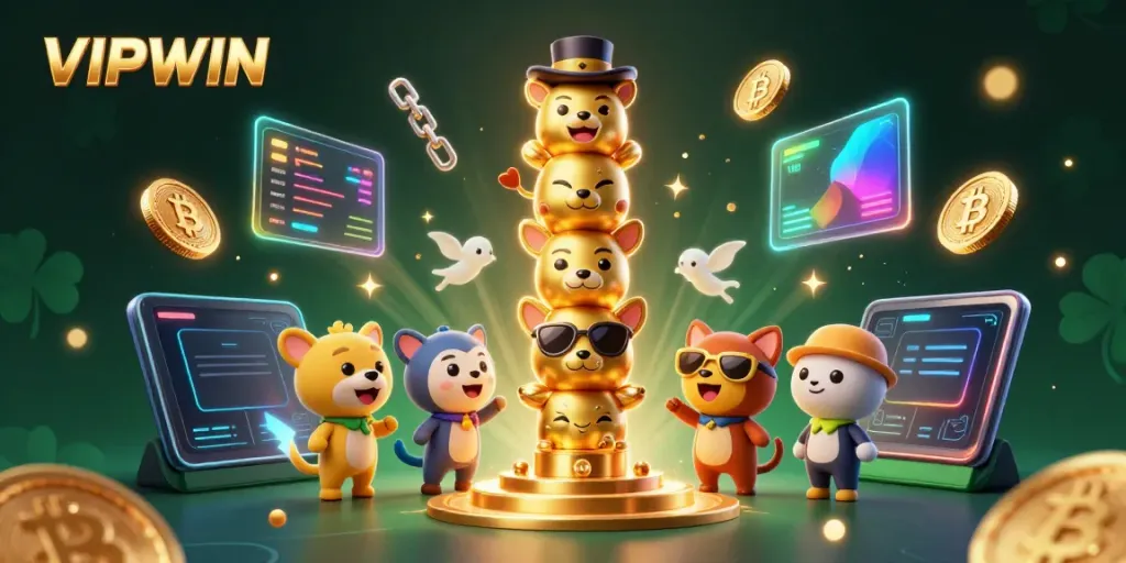 Engage in thrilling gaming at VIPWIN with vibrant animations featuring animal totems and neon cryptocurrencies.