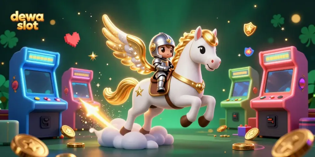 Experience the thrill of dewa slot with vibrant gaming elements and a fantasy backdrop.
