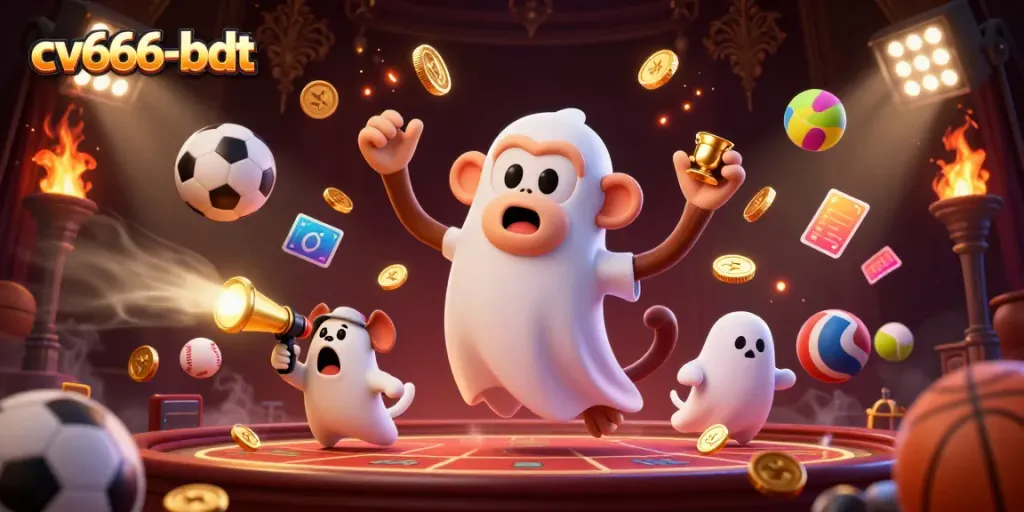 Experience the thrill of cv666-bdt with a playful monkey juggling gold while a ghost-hunter puppy tracks it through an exciting casino scene.