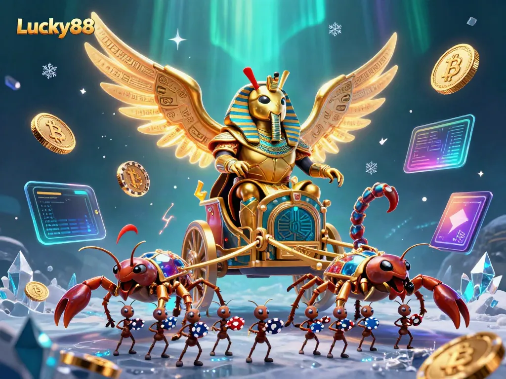 Experience thrilling adventures with Lucky88's colossal golden scarab and scorpions in a vibrant casino scene.