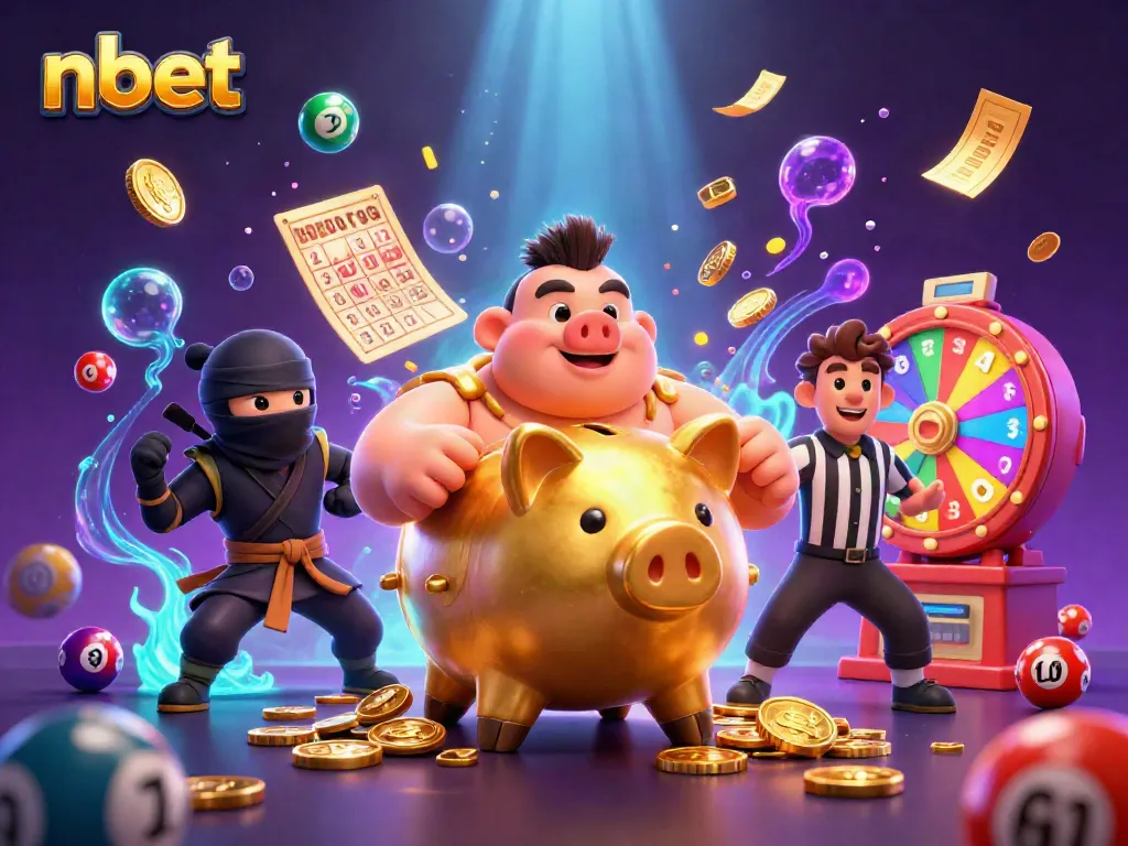 Nbet casino features a golden piggy bank sumo wrestler surrounded by vibrant prizes, enticing players to join in fun.