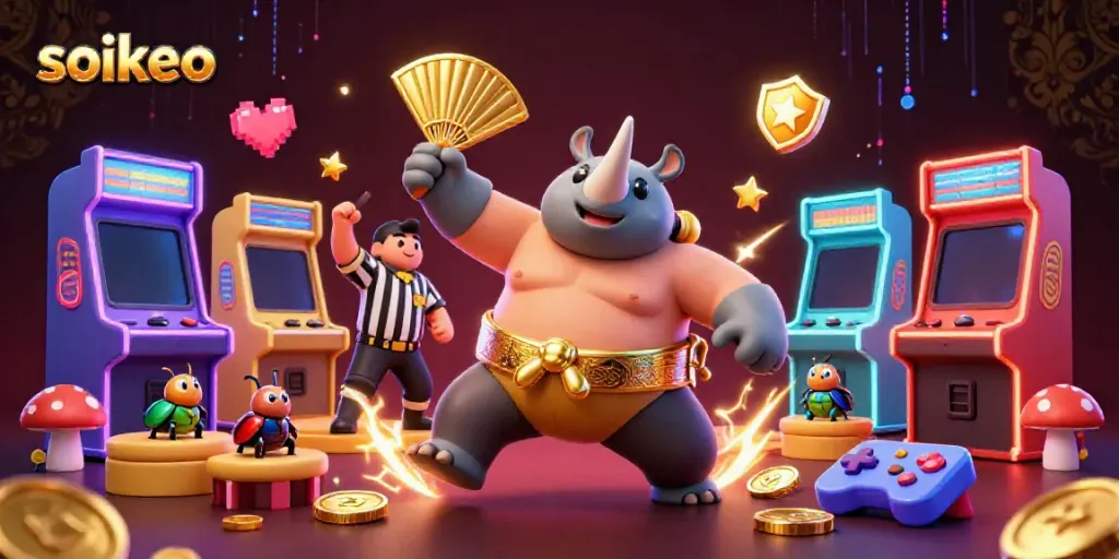 Betting action with Soikeo-themed 3D cartoon rhinoceros beetle and vibrant casino elements.