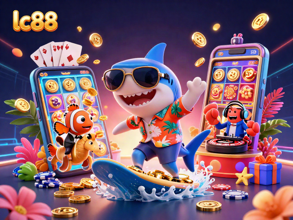 Engage with lc88 in this vibrant 3D casino scene featuring a shark surfing gold coins, dynamic game elements, and tropical themes.