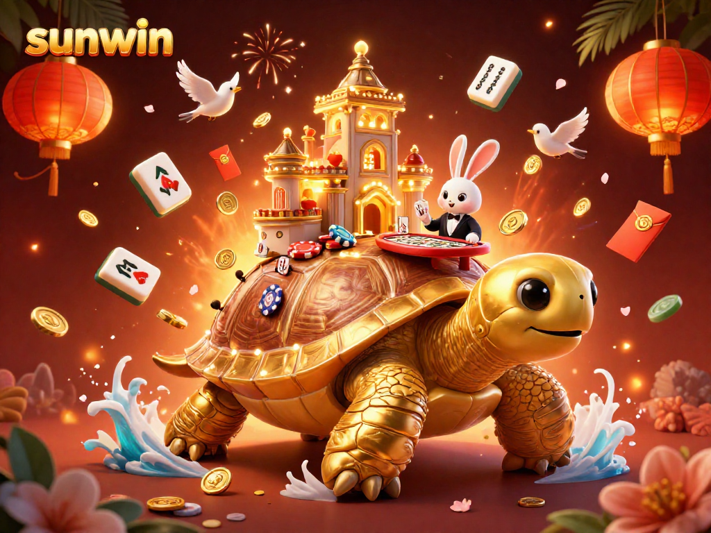 Experience the thrill of sunwin with a festive casino scene featuring a golden tortoise and rabbit dealer.