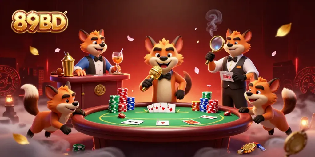 Engage in the lively atmosphere of 89BD with hyenas performing jokes in a casino setting