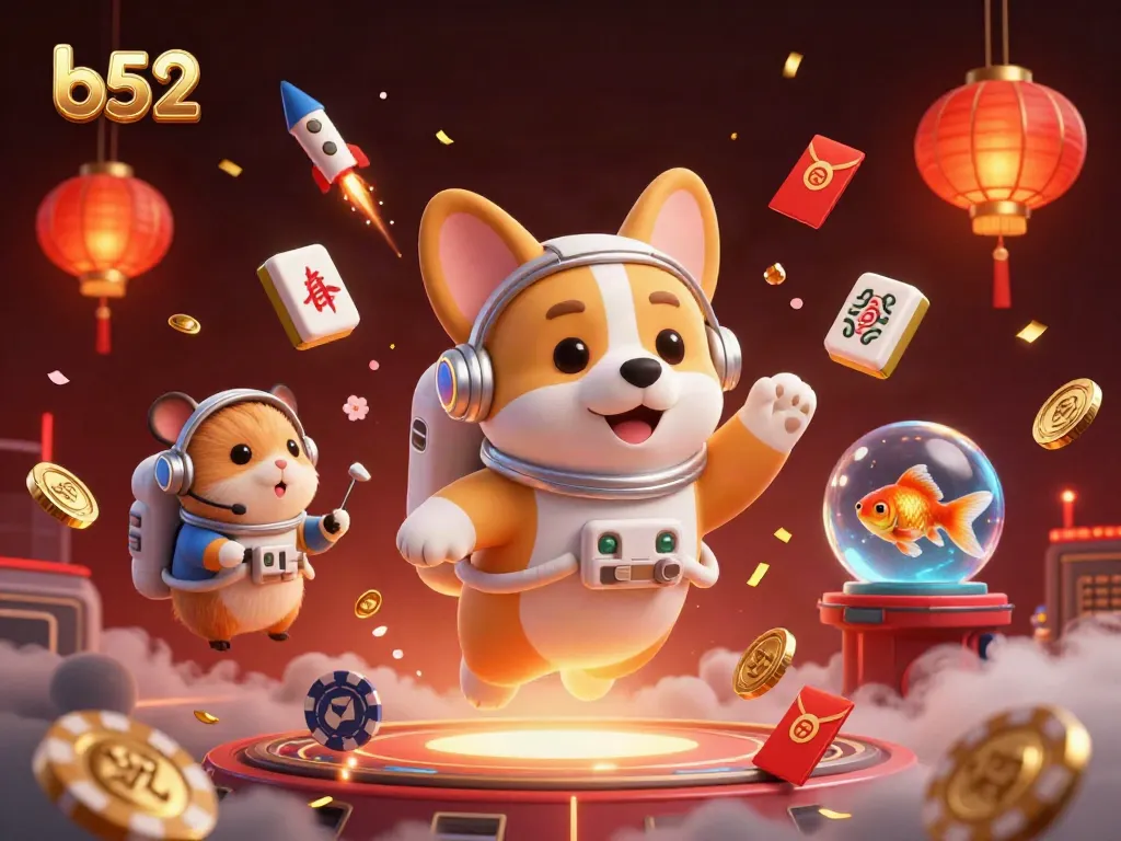 Engage in fun gaming with b52, as a 3D cartoon astronaut corgi floats in a vibrant space casino.
