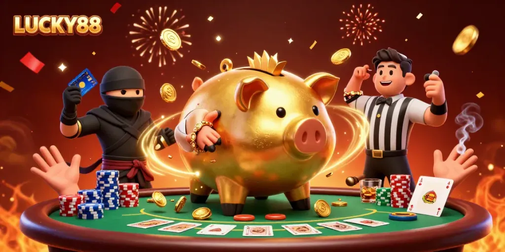 Engage in thrilling gaming with LUCKY88, featuring animated characters and casino action.