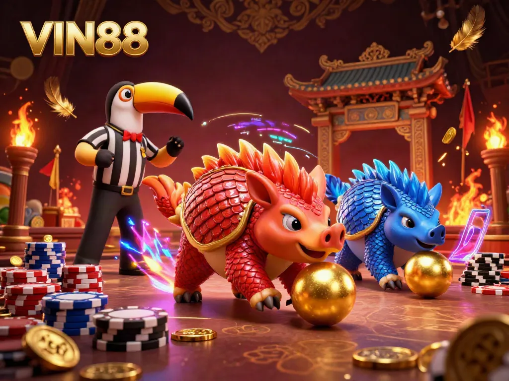 Experience the excitement of VIN88 with pangolins competing in a vibrant casino scene filled with golden coins and poker action.